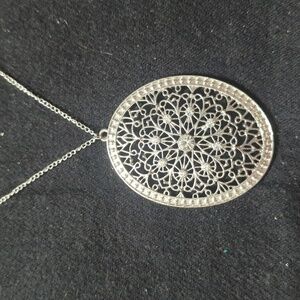 Silver Tone Oval Filagree Clear Rhinestone Pendant Statement Necklace